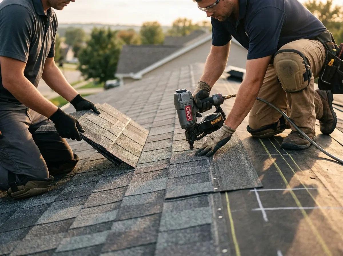 Professional roofer working on a residential roof in Clarkston Heights-Vineland